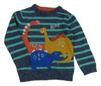 Tmavomodro/modro-modrozelený pruhovaný melírovaný pletený svetr s dinosaury