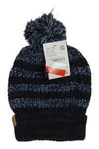 Nové - tmavomodro/šedo-modrá melírovaná žebrovaná čepice s bambulí C&A