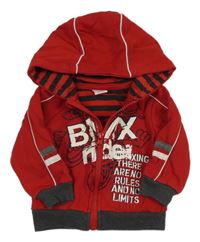 Červeno-tmavošedá propínací mikina s motorkou a nápisy a kapucí