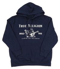 Tmavomodrá mikina s potiskem a nápisy a kapsou a kapucí 