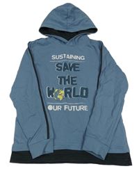 Modrošedo-černá mikina s nápisy a zeměkoulí a kapucí POCOPIANO