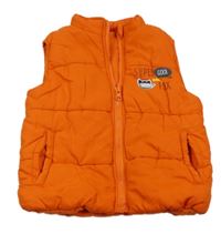 Tmavooranžová prošívaná šusťáková zateplená vesta s nápisy a liškou petits