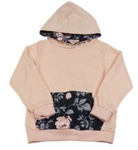 Světlebroskvová mikina s kapsou s růžemi a lístečky a kapucí