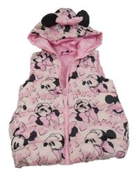 Světlerůžová prošívaná šusťáková zateplená vesta s Minnie a kapucí Disney
