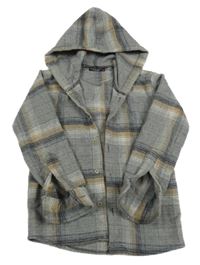 Šedo-béžovo-černá kostkovaná košilová bunda s kapucí efecto lucci