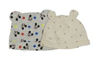 2x - Čepice s oušky - Šedá melírovaná s Mickey Disney, smetanová puntíkatá Mothercare