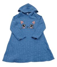 Modré melírované žebrované úpletové šaty s kočičkou a kapucí SHEIN