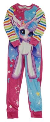 Malinovo-modro-pruhovaná plyšová kombinéza s jednorožcem SHEIN