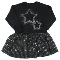 Černo-stříbrné teplákovo/plisované šaty s hvězdičkami a flitry F&F