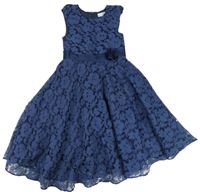 Tmavomodré květované slavnostní šaty s 3D květem happy girls