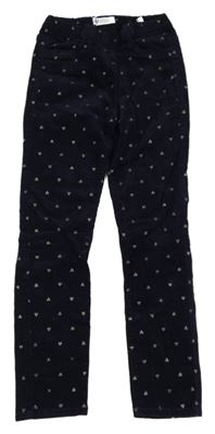 Tmavomodré elastické manšestráky se zlatými srdíčky H&M