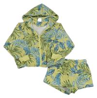 2Set - Žlutá propínací mikina s lístečky a kapucí + chino teplákové kraťasy ZARA