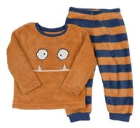Skořčicovo-tmavomodré chlupaté pyžamo s příšerkou Primark