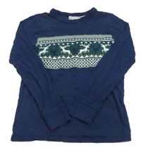 Tmavomodré triko se vzorem a jeleny H&M