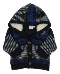 Tmavomodro-modro-bílý pruhovaný podšitý propínací svetr s kapucí Miniclub