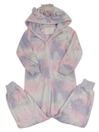 Růžovo-lila batikovaná chlupatá kombinéza s kapucí - jednorožec F&F