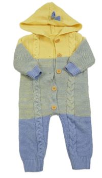 Žluto-lila-melírovaná pletená kombinéza s kapucí