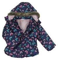 Tmavomodrá šusťáková zimní bunda s motýly a kapucí