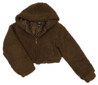 Hnědá huňatá podšitá crop bunda s kapucí New Look