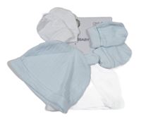 Nové - 4set - Bílá puntíkatá bavlněná čepice + světlemodrá žebrovaná + 2x rukavičky Dunnes