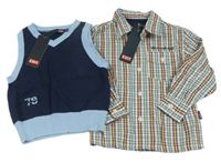 Nové - 2 set - Tmavomodro-modrá pletená vesta + bílo-modro-okrová kostkovaná košile 