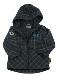 Tmavošedo-modrá vzorovaná šusťáková podzimní bunda s logem a kapucí Jack Wolfskin
