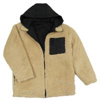 Béžová huňatá zateplená bunda s černou kapucí Dunnes 