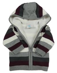 Šedo-bílo-vínový pruhovaný zateplený svetr s kapucí Topomini