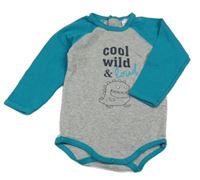 Šedo-tyrkysové body s nápisem a dinem 