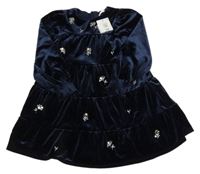 Nové - tmavomodré sametové šaty s květinami z flitrů M&S