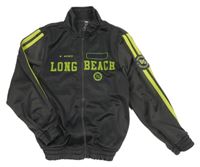 Tmavošedá sportovní propínací mikina s nápisem a pruhy 