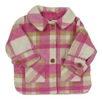 Růžovo-smetanová kostkovaná flaušová košilová podšitá bunda s límečkem F&F