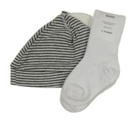 Nové - 2 set - bílé ponožky + šedá pruhovaná čepice 