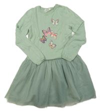 Zelené pletené šaty s tylovou sukní a motýlky H&M