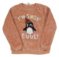 Růžová chlupatá mikina s tučňákem z flitrů H&M