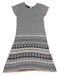 Šedo-tmavomodro-růžové puntíkaté svetrové šaty s norským vzorem C&A