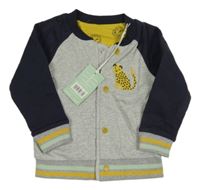 Nové - Šedo-tmavomodro-žlutá baseballová propínací mikina s kočkou Miniclub