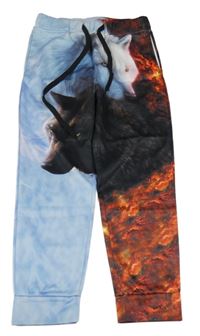 Světlemodro-černo-červené tepláky s vlky 