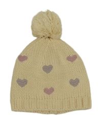 Smetanovo-lila-růžová čepice s bambulí a srdíčky Pusblu