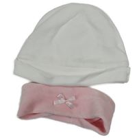 2set - Bílá sametová čepice + světlerůžová sametová čelenka s mašlí 