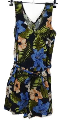 Dámský tmavomodrý květovaný lněný letní overal s páskem Vero Moda 