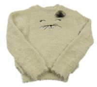 Béžový chlupatý svetr s kočkou 