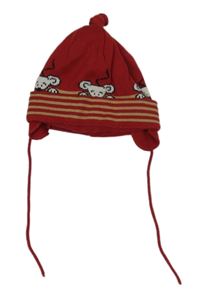 Červená čepice s myškami a tkaničkou 