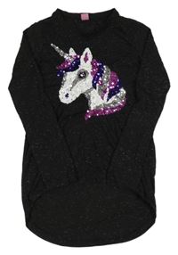 Černé melírované dlouhé triko s jednorožcem z flitrů Y.F.K.