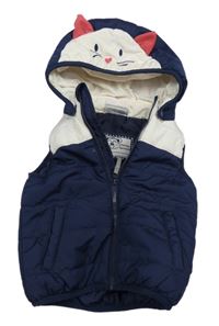 Bílo-tmavomodrá šusťáková zateplená vesta s kočkou na kapuci Topomini