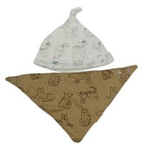 2set - hnědý slinták s šelmami + bílá čepice s dalmatiny