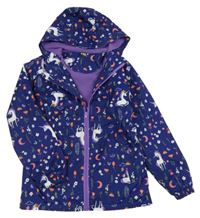Tmavomodrá květovaná šusťáková jarní parka s jednorožci a kapucí 