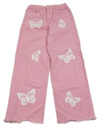 Růžové wide leg rifle s motýly Shein