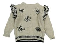 Béžovo-černý svetr s květy a volánky River Island