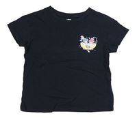 Tmavomodré crop tričko s nápisem a obrázkem Sanrio